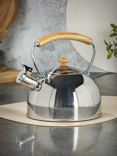Чайник нержавеющая сталь, 2.5 л, со свистком, зеркальный, ручка с покрытием, дуб, Daniks, индукция, GS-04567G-2