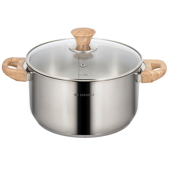 Кастрюля нержавеющая сталь, 6 л, крышка стекло, Daniks, Осло, GS-01147-24CA, индукция