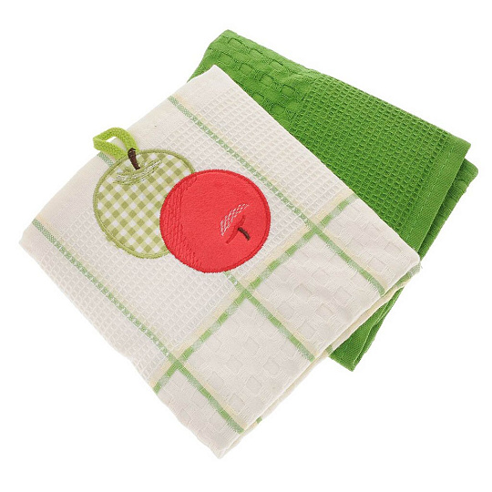 Набор полотенец кухонных 2 шт, 45х70 см, вафельный, Bonita, Фрукты Яблоко, белый, зеленый, Россия, 0101310106