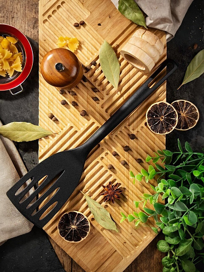 Лопатка кулинарная нейлон, с прорезями, навеска, черная, Daniks, Turin, YW-KT309-3