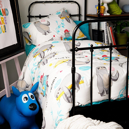Постельное белье детское 1.5-спальное, простыня 150х215 см, 1 наволочка 70х70 см, пододеяльник 145х215 см, WMW, перкаль, Ленивцы 70765-1+70766-1