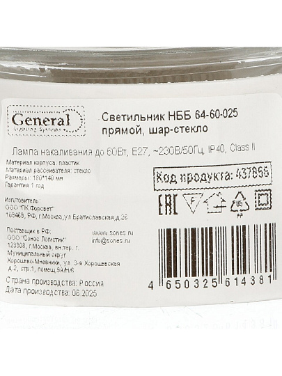 Светильник General Lighting Systems, НББ 64-60-025, 60 Вт, E27, на 1 лампочку, IP40, 18х18х14 см, прямой, шар-стекло, 437856