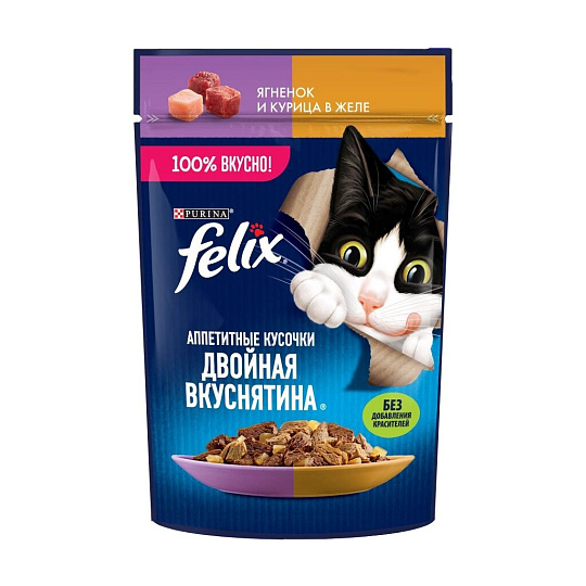 Корм для животных Феликс, для взрослых кошек, кусочки в желе, ягненок, курица, 75/85 гр, пауч, 0042044004