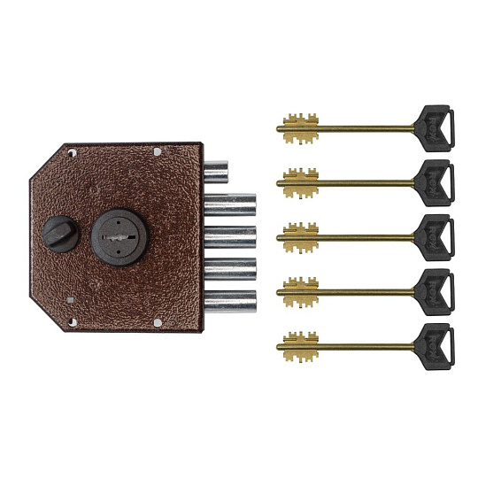 Замок накладной дверной, Эльбор, REX 3.15 1.06.61, 5312, б/о, сувальдный, тяжелый, 5 ключей, антик медь