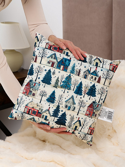 Подушка декоративная, 40х40 см, Новый Год, Домики, 100% полиэстер