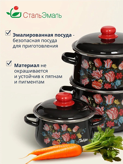 Набор посуды эмалированная сталь, 6 предметов, кастрюли 2,4,5.5 л, индукция, СтальЭмаль, Букет тюльпанов, 1с408