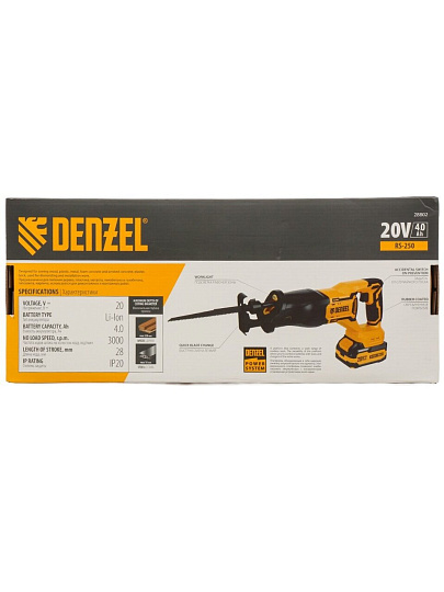 Пила сабельная, аккумуляторная, Denzel, RS-250, Li-ion, 4 А.ч, 20 В, 1 акк, 250 мм, 3000 об/мин, бесщеточная