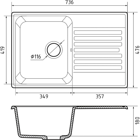 Мойка кухонная врезная, GranFest, Quarz, кварцевый песок, 736х476 мм, без сифона, песок, GF-Z78
