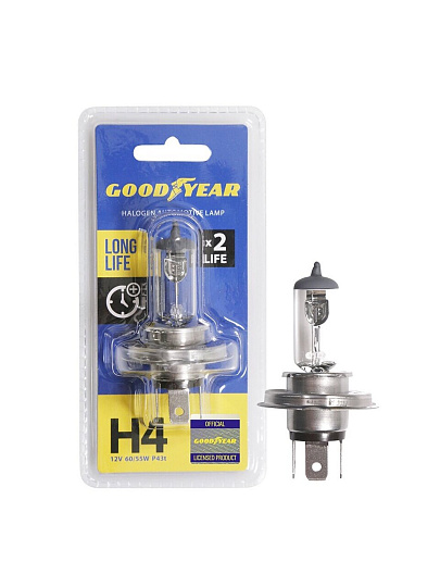 Лампа автомобильная Goodyear, Long life Н4, GY014123, 12V 60/55W P43t