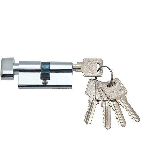 Личинка замка двери Trodos, ЦМВ, 209205, 70 мм, с заверткой, хром, блистер, 5 ключей