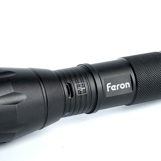 Фонарь ручной, встроенный аккумулятор, Feron, TH2400, зарядка от USB, алюминий, режим SOS, USB ZOOM, 41682