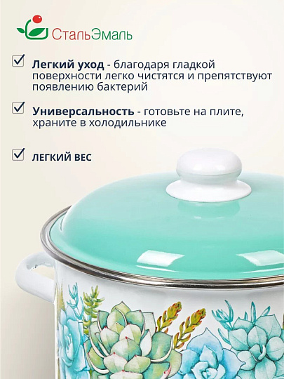 Кастрюля эмалированная сталь, 5.5 л, крышка сталь, цилиндрическая, СтальЭмаль, Монантес, 6RD221M