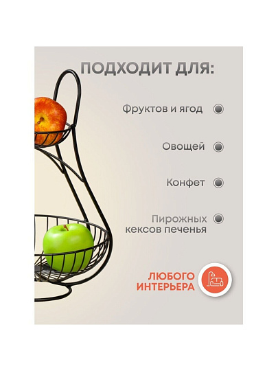 Ваза для фруктов, 2 яруса, металл, на ножке, 25х25х37 см, Y4-7625, черная