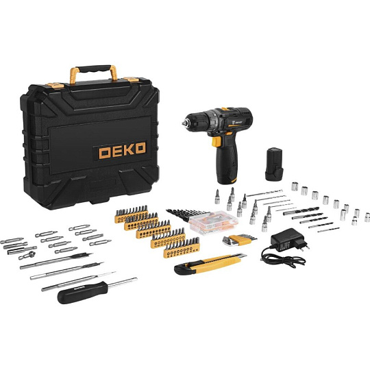 Дрель-шуруповерт аккумуляторный, Deko, GCD12DU3, 12 В, набор инструментов 193 предмета, 2х1.5 А.ч, кейс, 063-4138