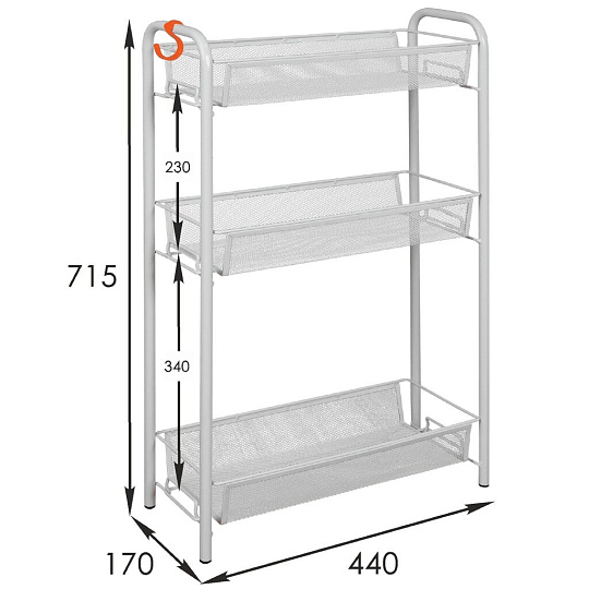 Этажерка универсальная, металл, 3 секции, 44х17х71.5 см, с мелкосетчатыми корзинами, серая, ЗМИ, Ладья 1, Э 289 С