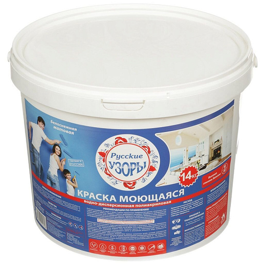 Краска водно-дисперсионная, Русские узоры, полиакриловая, универсальная, моющаяся, влагостойкая, матовая, 14 кг