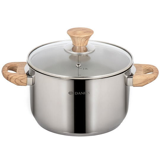 Кастрюля нержавеющая сталь, 3.9 л, крышка стекло, Daniks, Осло, GS-01147-20CA, индукция