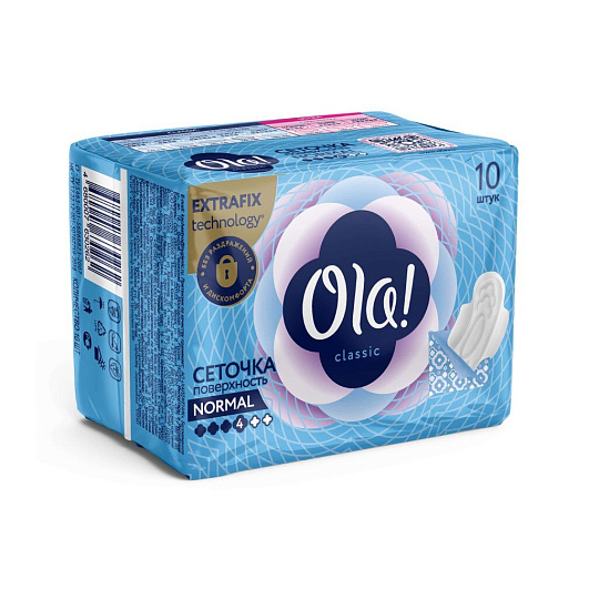 Прокладки женские Ola, Classic Wings Singles Normal, 10 шт, толстые, поверхность сеточка, 0266
