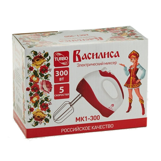 Миксер ручной, Василиса, МК1-300, 300 Вт, 5 скоростей, турбо режим, белый, синий
