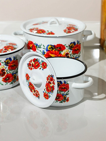 Набор посуды эмалированная сталь, 3 предмета, кастрюли 1.5,2.9,4.5 л, индукция, СтальЭмаль, Маки мечта, 1с33