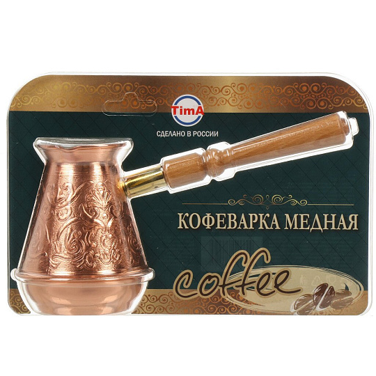 Турка 0.3 л, медь, съемная ручка, ручка деревянная, блистер, TimA, Турчанка, ТУ-300сб