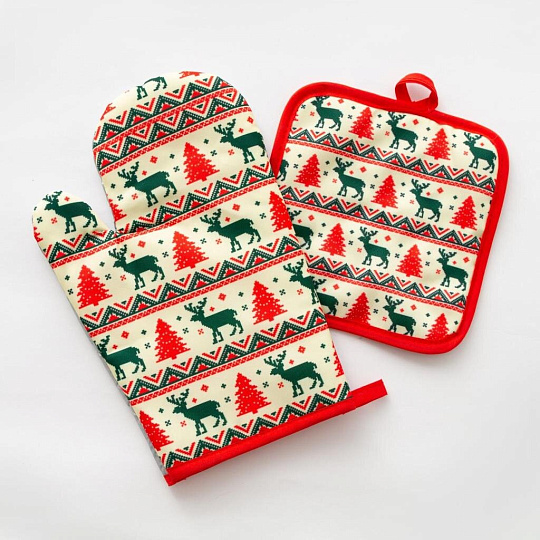 Набор кухонный 2 шт, 26х16 см + 17х17 см (варежка, прихватка), 100% полиэстер, Доляна, Олени, 4902056