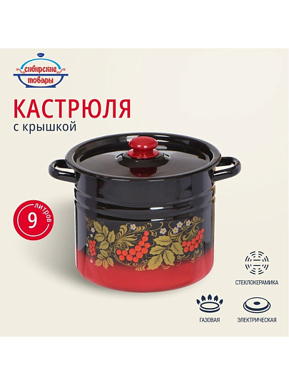 Кастрюля эмалированная сталь, 9 л, крышка сталь, цилиндрическая, Сибирские товары, С1622.38, в ассортименте