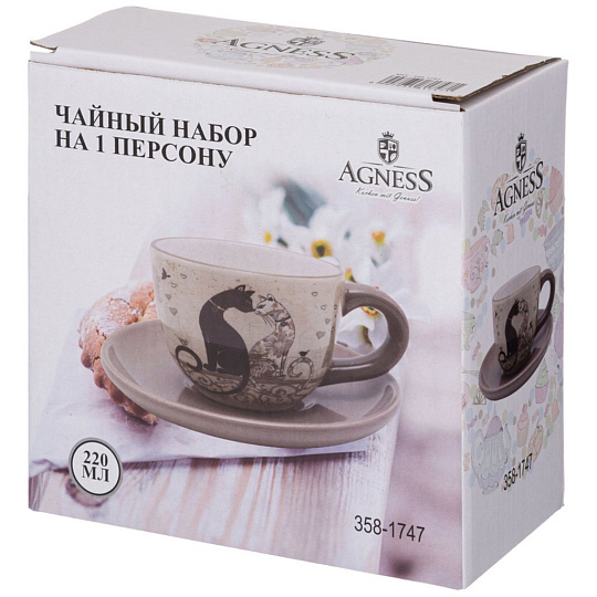 Чайный набор на 1 персону "Парижские коты" 15x15 см высота=7 см / 220 мл, 358-1747