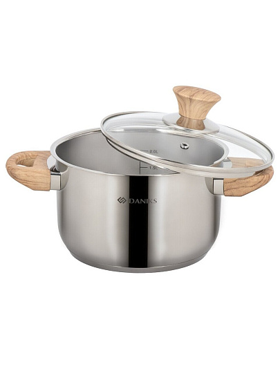 Кастрюля нержавеющая сталь, 2.9 л, крышка стекло, Daniks, Осло, GS-01147-18CA, индукция