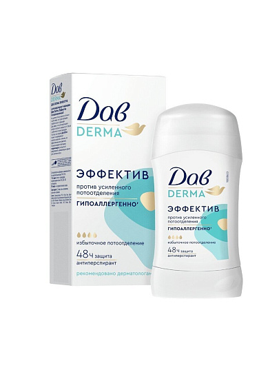 Дезодорант Дав, Derma, BOX P2, женский, эффектив, гипоаллергенный, стик, 40 мл