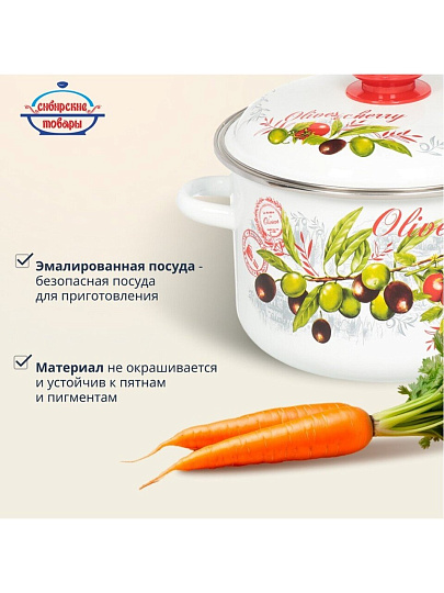 Кастрюля эмалированная сталь, 4 л, крышка сталь, цилиндрическая, Сибирские товары, Оливки и черри, 3MD201M, индукция