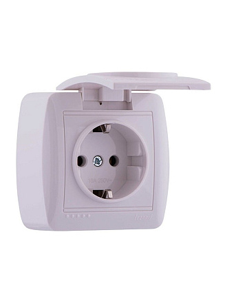 Розетка открытой установки, 1 гнездо, с заземлением, пластик, белая, с крышкой, Lezard, Demet, 711-0200-123