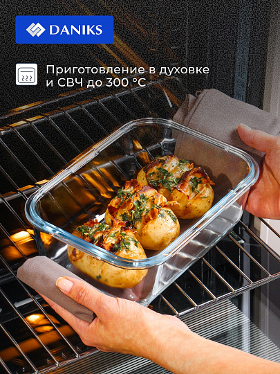 Форма для запекания стекло, 16.8х23.5х9 см, 1.7 л, прямоугольная, с крышкой, Daniks