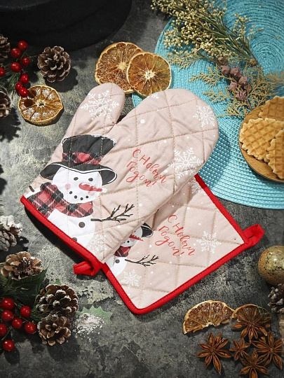 Набор кухонный 2 шт, 18х26 см + 18х18 см (варежка, прихватка), 100% хлопок, Снеговик