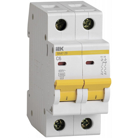 Автоматический выключатель на DIN-рейку, IEK, ВА47-29 2Р, 2 полюса, 6, 4.5 кА, 400 В, MVA20-2-006-C