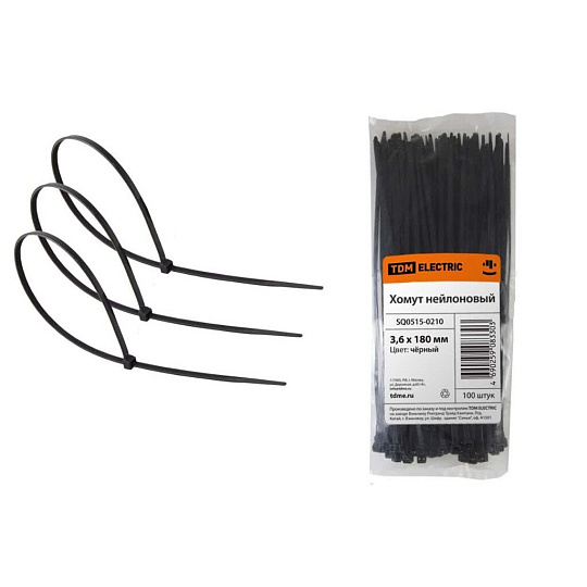 Хомут хомут, 3.6х180 мм, нейлон, 100 шт, черный, TDM Electric, SQ0515-0210
