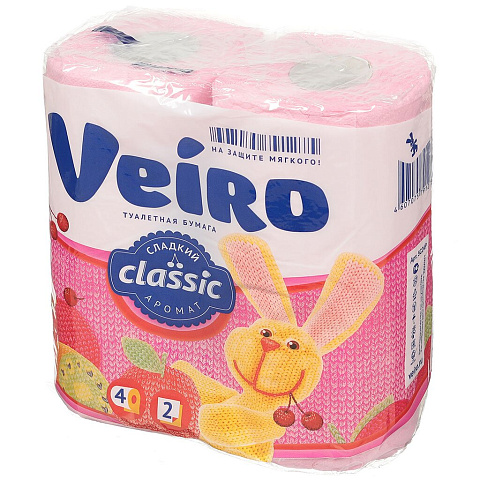 Туалетная бумага Veiro, Linia Classic, 2 слоя, 4 шт, 17.5 м, с втулкой, розовая