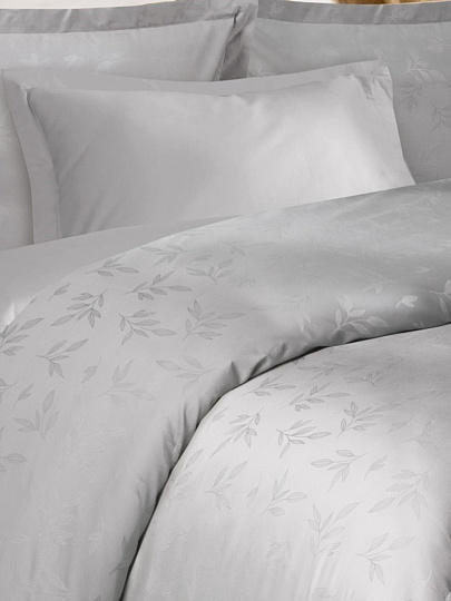 Постельное белье 2-спальное, простыня 215х240 см, 2 наволочки 70х70 см, 2 наволочки 50х70 см, пододеяльник 175х210 см, Mona Liza, сатин-жаккард, Royal Листья сильвер