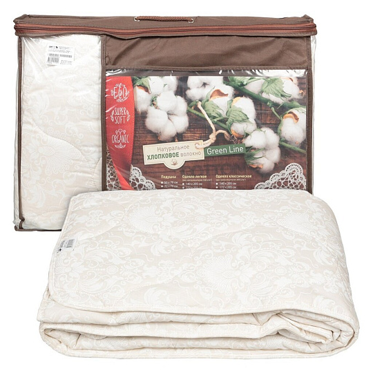 Одеяло 2-спальное, 172х205 см, волокно хлопковое, 300 г/м2, всесезонное, чехол 100% хлопок, кант, Green Line, бежевое