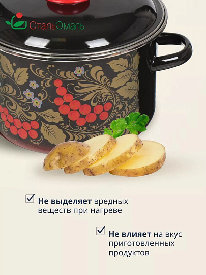 Кастрюля эмалированная сталь, 3 л, крышка сталь, цилиндрическая, СтальЭмаль, Рябина, 7RD181M/7RD181S, индукция