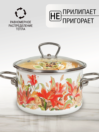 Кастрюля эмалированная сталь, 4 л, крышка стекло, цилиндрическая, Vitross, Lilianna, 1SD205S, индукция