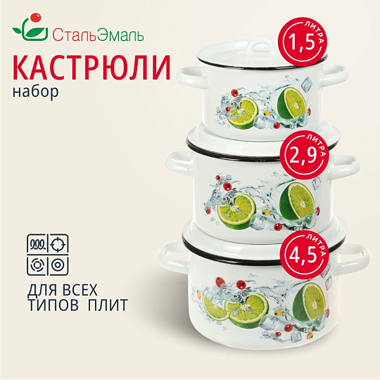 Набор посуды эмалированная сталь, 3 предмета, кастрюли 1.5,2.9,4.5 л, индукция, СтальЭмаль, Мохито, 1с33