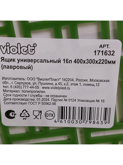 Ящик хозяйственный 16 л, 40х30х22 см, лавровый, Violet, 171632