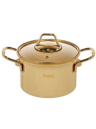Кастрюля эмалированная сталь, 2.1 л, крышка стекло, ручки золото, RasheL, Gold, R-07716, кремовая, индукция
