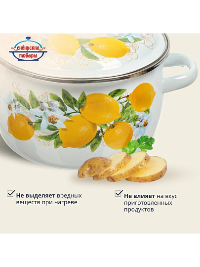 Кастрюля эмалированная сталь, 2 л, крышка сталь, сферический, Сибирские товары, Лимоны, 3MC161P, индукция