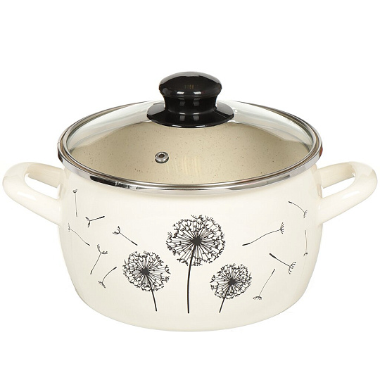 Кастрюля эмалированная сталь, 3.3 л, крышка стекло, Metrot, Одуванчик, 340944/357556, индукция