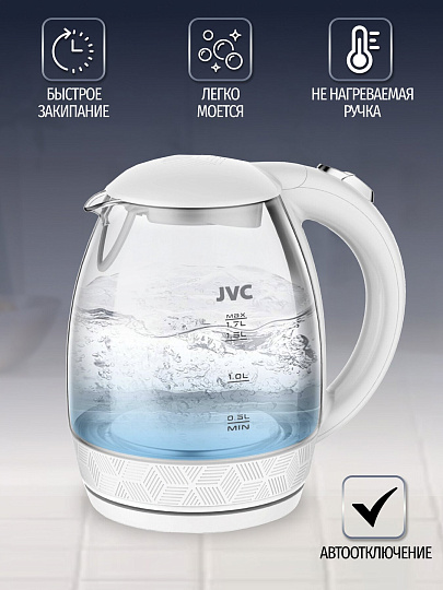 Чайник электрический JVC, JK-KE1514, белый, 1.7 л, 2200 Вт, скрытый нагревательный элемент, стекло