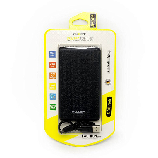 Аккумулятор внешний Auzer, 2 А, 6000 мА·ч, 2 USB, турбозарядка, черный, AP 6000 B