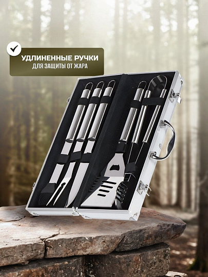 Набор для барбекю костровой, нержавеющая сталь, 5 предметов, лопатка, щипцы, вилка, нож, кисточка, кейс, C030006