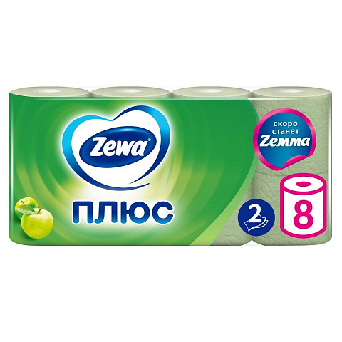 Туалетная бумага Zewa, Яблоко, 2 слоя, 8 шт, 23 м, с втулкой, зеленая